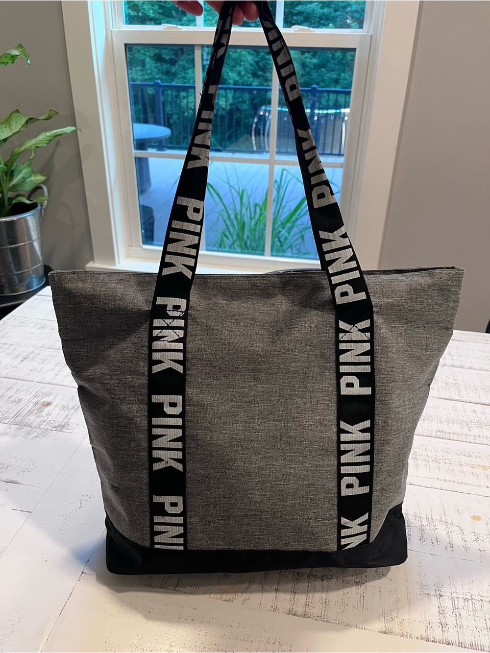 PINK Victoria's Secret Gray & Black Canvas Logo Tote - Picture 2 of 4